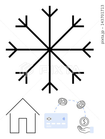 Sustainability, winter services, energy savings, finance, eco-friendly decisions, home management. Snowflake symbol with house outline, money transfer and credit card icons. Winter services 143701713