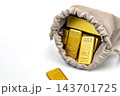 Opened fabric drawstring pouch revealing a hidden stash of shiny 999.9 fine gold bullion bars on white background, symbolizing surprise discovery, unknown contents, hidden treasure, wealth 143701725