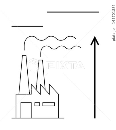 Economic development, pollution increase, industrial output, environment impact, factories growth, global production trends. Factory with chimneys emitting smoke and upward arrow. Economic 143701882