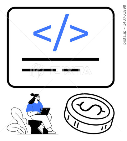 Web development, digital economy, technology jobs, software programming, online earning, freelancing. Visual of coding symbols, coin and a programmer with a laptop. Web development and digital Web development, digital economy, technology jobs, software programming, online earning, freelancing. Visual of coding symbols, coin and a programmer with a laptop. Web development and digital 143701899