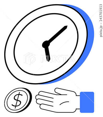 Business planning, time management, budgeting, efficiency, investment, wealth growth. Illustration of a clock, coin and a hand. Time management and financial savings concepts 143701913