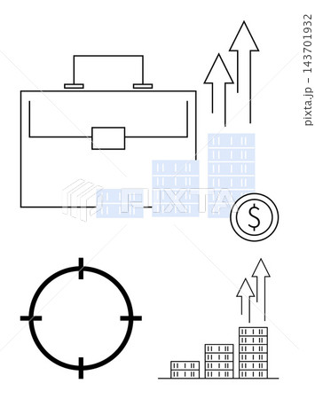 Business strategy, financial success, wealth building, economic growth, goal setting, profit management. Briefcase, coin arrows stacks of coins and target. Business strategy and financial success 143701932