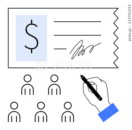 Financial transactions, group management, payroll processing, monetary exchange, banking, teamwork. A check, hand signing it and six abstract people icons. Financial transactions and group Financial transactions, group management, payroll processing, monetary exchange, banking, teamwork. A check, hand signing it and six abstract people icons. Financial transactions and group 143701933
