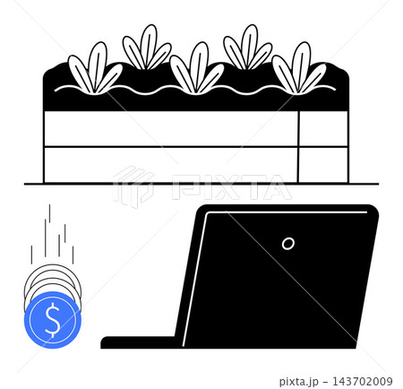 Finance, investment, sustainability, eco-friendly growth, digital transactions, online economy. Plants in a planter and falling coins by a laptop. s sustainability and digital transactions concept Finance, investment, sustainability, eco-friendly growth, digital transactions, online economy. Plants in a planter and falling coins by a laptop. s sustainability and digital transactions concept 143702009