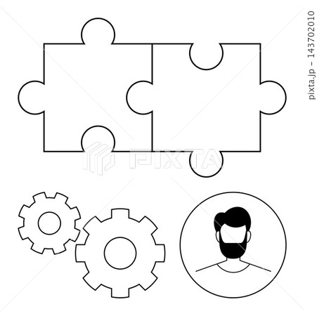 Business strategy, teamwork, problem solving, system integration, engineering, human resources. Two puzzle pieces, gears circle with male head. Collaboration and problem-solving concept Business strategy, teamwork, problem solving, system integration, engineering, human resources. Two puzzle pieces, gears circle with male head. Collaboration and problem-solving concept 143702010