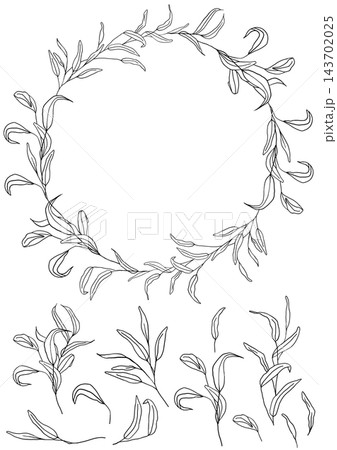 Round wreath clipart with hand drawn leaves, black lines isolated illustration with copy space 143702025
