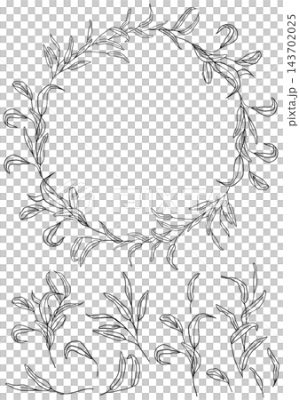 Round wreath clipart with hand drawn leaves, black lines isolated illustration with copy space 143702025