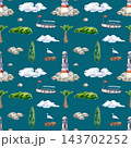 Hand-drawn watercolor seamless pattern with a coastal landscape theme with a lighthouse, boat, egret on rocks, palm tree, cypress, and clouds on a dark teal blue background. For nautical textile 143702252