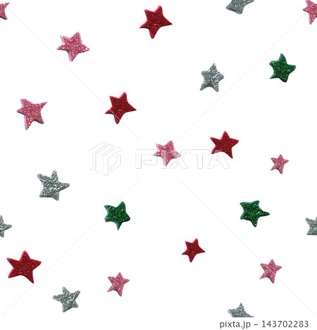 Christmas seamless pattern with glitter stars isolated on white background. Festive colorful red, pink, green and silver stars collage. 143702283