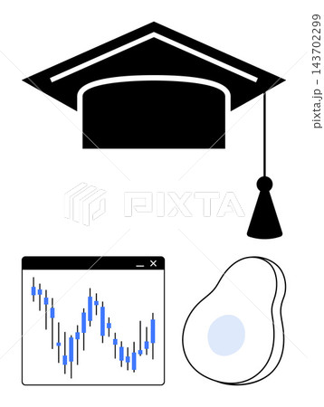 Education, finance, healthy lifestyle, economic growth, learning, modern living. Graduation cap, stock chart and avocado symbols. Education and finance with visual 143702299