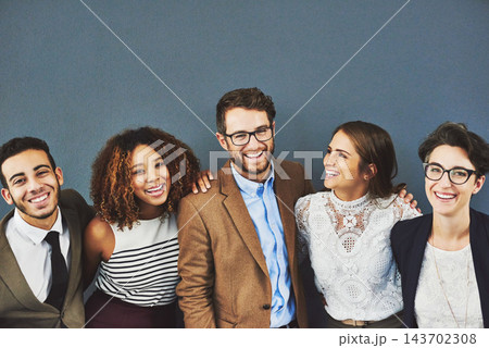 Business, corporate and smile with group of friends in studio on gray background for collaboration. Diversity, teamwork and face of employee men and women together for career, company or occupation Business, corporate and smile with group of friends in studio on gray background for collaboration. Diversity, teamwork and face of employee men and women together for career, company or occupation 143702308