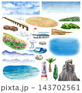 Watercolor sea holidays clipart set with lighthouse, boat, mountains, waves and nature elements on a isolated background. For creating custom summer landscapes, travel banners, map design, and 143702561