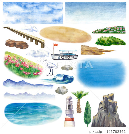 Watercolor sea holidays clipart set with lighthouse, boat, mountains, waves and nature elements on a isolated background. For creating custom summer landscapes, travel banners, map design, and 143702561
