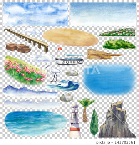 Watercolor sea holidays clipart set with lighthouse, boat, mountains, waves and nature elements on a isolated background. For creating custom summer landscapes, travel banners, map design, and Watercolor sea holidays clipart set with lighthouse, boat, mountains, waves and nature elements on a isolated background. For creating custom summer landscapes, travel banners, map design, and 143702561