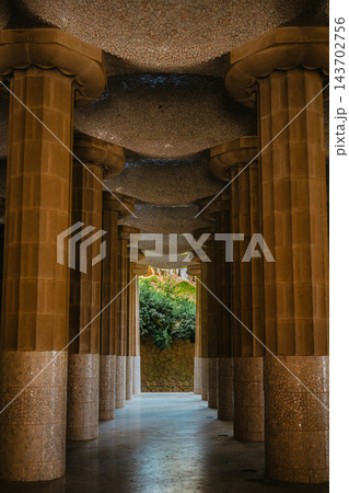 Mosaic ceiling domes and Doric columns of the Hypostyle Room in Park Guell Barcelona 143702756