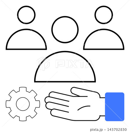 Business strategy, leadership, teamwork, collaboration, management, service. Hand next to gear and three abstract human figures. Business strategy and leadership ideas Business strategy, leadership, teamwork, collaboration, management, service. Hand next to gear and three abstract human figures. Business strategy and leadership ideas 143702830