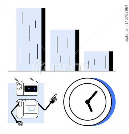 Time management, AI technology, efficiency, data analysis, automation, productivity tools. Robot pointing at bar chart beside a clock. Time management and AI technology concept 143702964