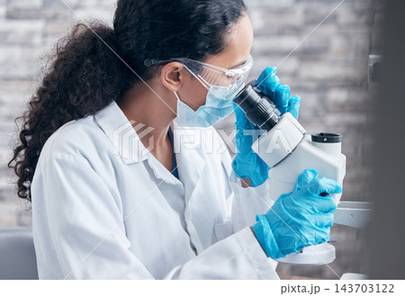 Woman, microscope and science research in lab for medical innovation and investigation results with ppe safety. Female person, healthcare expert and dna or bacteria analysis for vaccine development 143703122