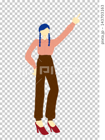 Full-body illustration of a woman with blue hair and braided pigtails pointing diagonally upwards (transparent background) 143703163