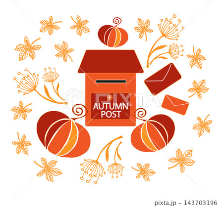 Autumn composition with a mailbox and letters, leaves and twigs Autumn composition with a mailbox and letters, leaves and twigs 143703196