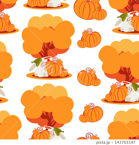 Seamless pattern a funny rabbit and pumpkins under an autumn tree 143703197