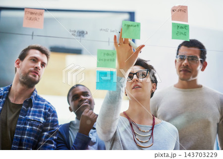 Team, female speaker and sticky notes on glass for timeline, strategy and brainstorming in workshop. Woman leader, presentation and group training in boardroom for idea, collaboration and instruction 143703229