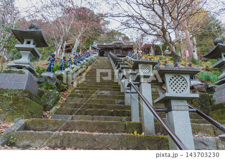 冬の大山寺 境内の石段に並ぶ灯篭と童子像 神奈川県伊勢原市12月 143703230