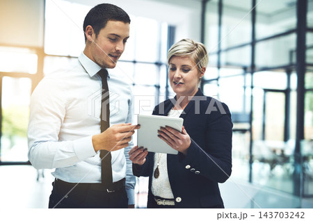 Business, people and tablet for collaboration or review in company as consultant in accounting firm or bank. Team, meeting and tech for feedback for growth or career in finance in corporate or office 143703242