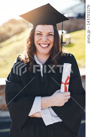 Graduation, woman and portrait for celebration, certificate and outdoor with smile and happiness for goal. Achievement, person and student in college, event and success for learning and graduate Graduation, woman and portrait for celebration, certificate and outdoor with smile and happiness for goal. Achievement, person and student in college, event and success for learning and graduate 143703276