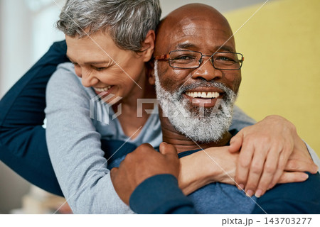 Home, portrait and mature couple with hug, embracing love and bonding together in bedroom. Interracial marriage, senior husband and happy wife with dating, romance and affection with care in house Home, portrait and mature couple with hug, embracing love and bonding together in bedroom. Interracial marriage, senior husband and happy wife with dating, romance and affection with care in house 143703277