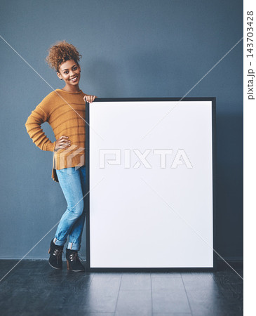 Happy, poster and portrait of woman on wall background for news, announcement and review. Mockup space, promotion and person with sign, billboard or banner for feedback information or advertising Happy, poster and portrait of woman on wall background for news, announcement and review. Mockup space, promotion and person with sign, billboard or banner for feedback information or advertising 143703428