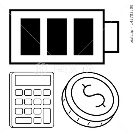 Finance, technology, energy, calculation, budgeting, economics. A battery symbol, coin with dollar sign and calculator. Finance and technology concepts 143703509