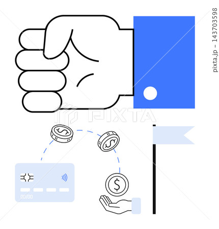 Digital payment, financial management, secure transactions, online banking, cashless society, fintech. A hand with coins, a credit card and a flag. Digital payment and financial management concept 143703598