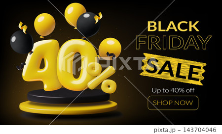 Black Friday sale poster with 3D bold yellow 40 percent discount text on a dark podium stage Black Friday sale poster with 3D bold yellow 40 percent discount text on a dark podium stage 143704046
