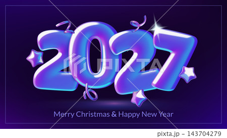 Glossy iridescent 2027 New Year 3D numbers with stars festive confetti on a dark purple background Glossy iridescent 2027 New Year 3D numbers with stars festive confetti on a dark purple background 143704279