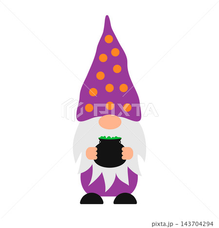 Halloween gnome in purple polka dots hat holding black cauldron with green potion. Cute cartoon character. Vector template for poster, greeting card, banner, sticker, shirt design etc. Halloween gnome in purple polka dots hat holding black cauldron with green potion. Cute cartoon character. Vector template for poster, greeting card, banner, sticker, shirt design etc. 143704294