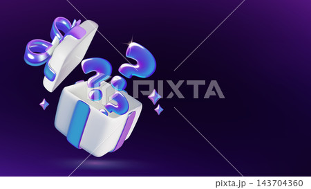 3D mystery gift box with question marks and sparkles surprise and giveaway on a dark background 3D mystery gift box with question marks and sparkles surprise and giveaway on a dark background 143704360