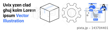 Technology, e-commerce, innovation, online shopping, digital systems, futuristic design. Minimalist cube, gear and shopping cart visuals. Technology and e-commerce concept illustration 143704401
