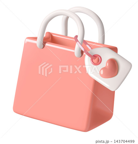 Pink paper gift bag Valentine Day retail or wedding sale 3D icon with cute heart label  143704499