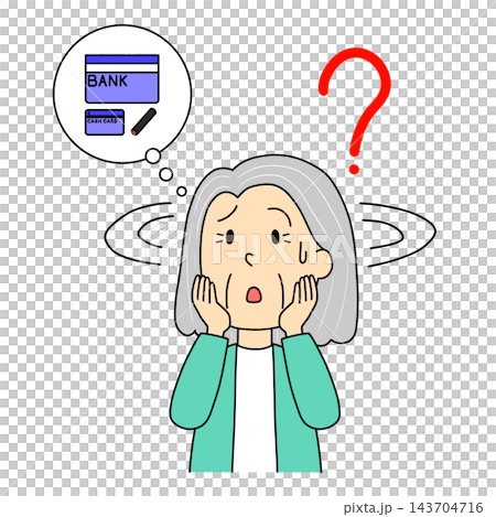 一幅插圖描繪了一位老婦人因為找不到自己的存摺、銀行卡和個人印章而感到煩惱。 一幅插圖描繪了一位老婦人因為找不到自己的存摺、銀行卡和個人印章而感到煩惱。 143704716