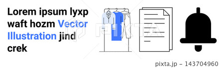 Task management, productivity, organization, notifications, digital reminders, planning. Bell icon, clothes hanging and documents. Organization and notifications visually 143704960