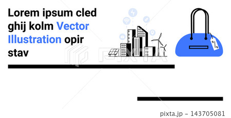 Urban planning, eco-friendly energy, shopping trends, fashion economy, sustainable design, renewable cities. Modern cityscape with wind turbines and a blue handbag. Urban planning and shopping Urban planning, eco-friendly energy, shopping trends, fashion economy, sustainable design, renewable cities. Modern cityscape with wind turbines and a blue handbag. Urban planning and shopping 143705081