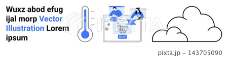 Ecommerce, weather tracking, digital shopping, climate technology, online services, retail. Shopping cart with cloud and thermometer illustration. Ecommerce and weather tracking concept Ecommerce, weather tracking, digital shopping, climate technology, online services, retail. Shopping cart with cloud and thermometer illustration. Ecommerce and weather tracking concept 143705090