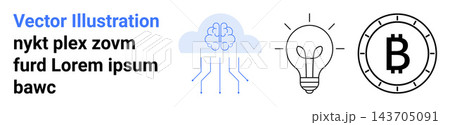 Artificial intelligence, digital finance, blockchain, innovation, technology, future. Cloud-connected brain, light bulb and Bitcoin coin on a white background. AI and digital finance 143705091