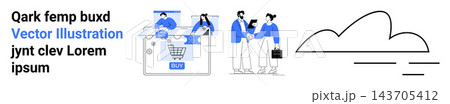 E-commerce, teamwork, cloud storage, online shopping, digital payment, business collaboration. Graphics include online shopping cart, handshake and cloud icon. E-commerce and teamwork concept 143705412