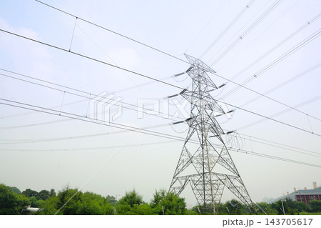 High Voltage Power Transmission Tower and Electric Grid Lines 143705617