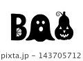 Boo lettering with ghost and scary pumpkin. Funny Halloween design. Vector template for banner, typography poster, greeting card, party invitation, shirt, etc. 143705712
