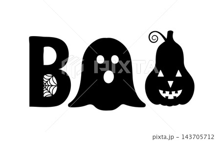 Boo lettering with ghost and scary pumpkin. Funny Halloween design. Vector template for banner, typography poster, greeting card, party invitation, shirt, etc. Boo lettering with ghost and scary pumpkin. Funny Halloween design. Vector template for banner, typography poster, greeting card, party invitation, shirt, etc. 143705712
