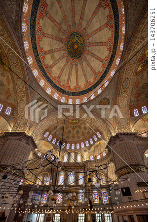 Istanbul,turkey,august 6, 2025. Sultan ahmed mosque in istanbul showing grand dome, calligraphy, stained glass windows, and hanging chandeliers. Islamic architecture and faith Istanbul,turkey,august 6, 2025. Sultan ahmed mosque in istanbul showing grand dome, calligraphy, stained glass windows, and hanging chandeliers. Islamic architecture and faith 143706251