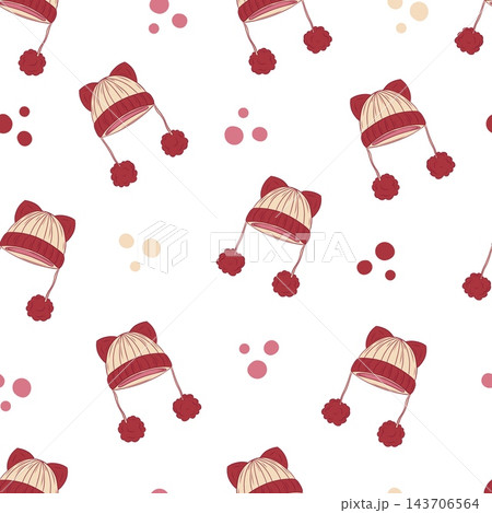 Seamless vector pattern with knitted winter hats with cat ears and pompoms Seamless vector pattern with knitted winter hats with cat ears and pompoms 143706564